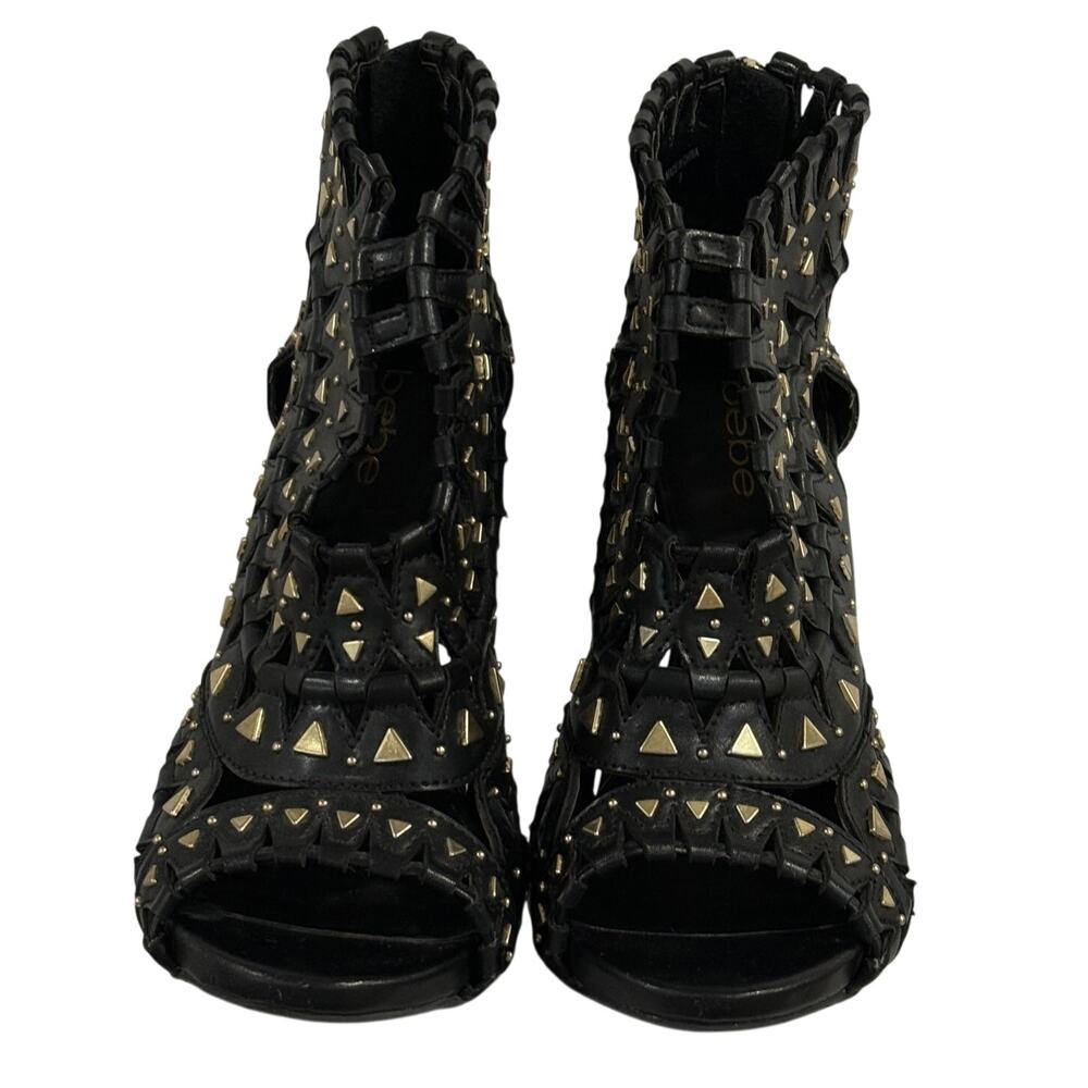 Y2K Bebe Studded Cutout Cage Booties Black Gold Stiletto High Heel Womens Size 9